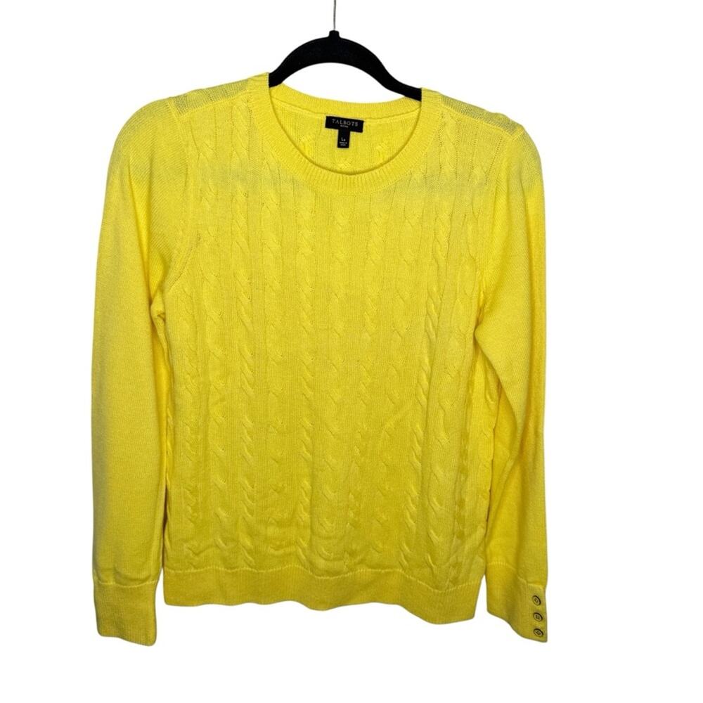 TALBOTS / butter yellow cable knit crew neck lambswool blend sweater / L PETITE